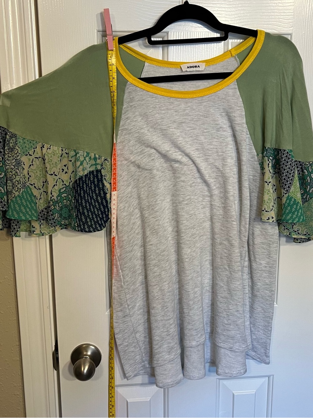 ADORA Gray Tunic with Sage Ruffle Sleeves and Yellow Trim